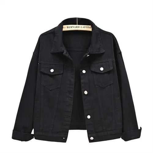 Women's Pure Color Denim Jacket – Lapel Collar Single-Breasted Short Coat with Pockets