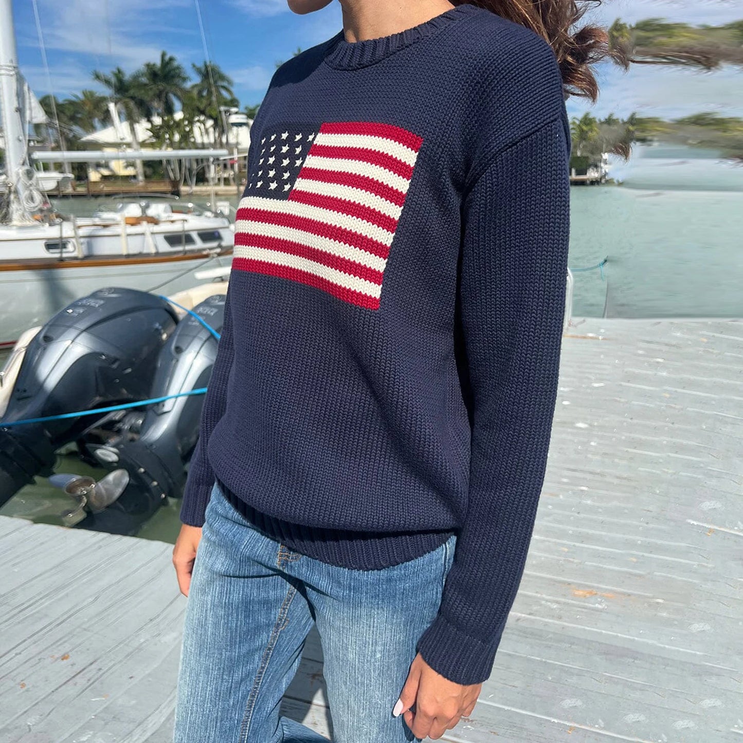 Women's American Flag Knit Sweater – Long Sleeve Crew Neck Loose Fit Pullover for Autumn Winter Casual High Street Style