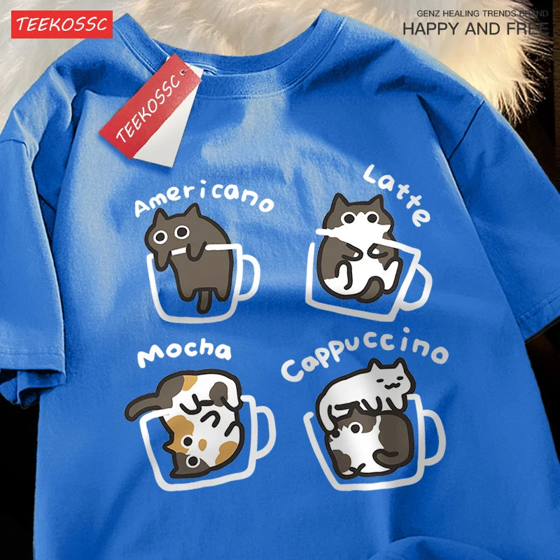 Cat Coffee Cotton T-Shirt – Fun Mocha Latte Print, Loose Fit Summer Tee for Men and Women