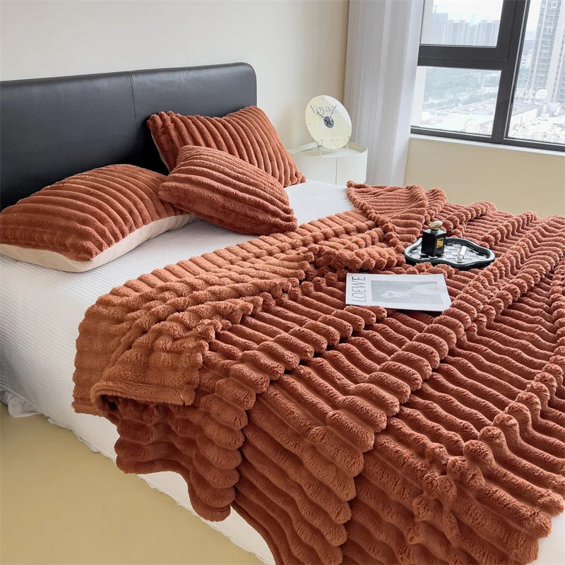 Solid Color Thickened Striped Blanket – Multifunctional Polyester Cover for Bed, Sofa, Naps, and Pets