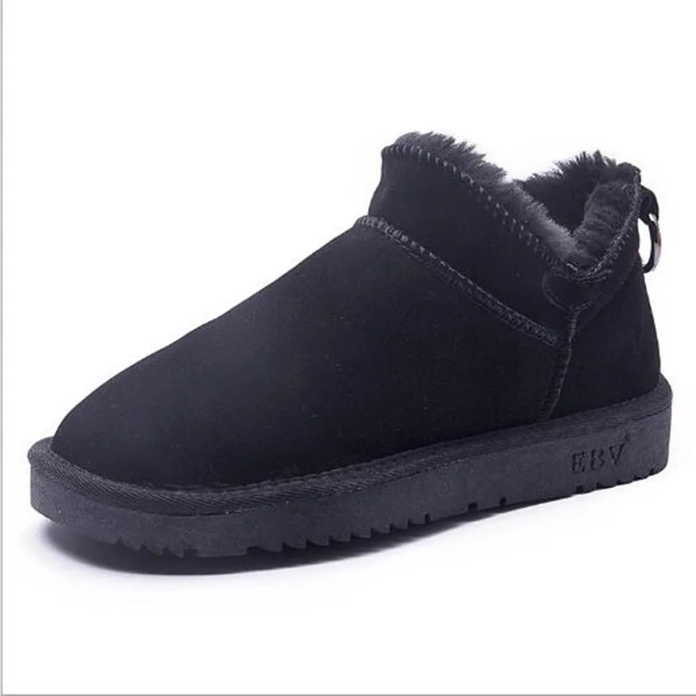 Women's Cow Suede Snow Boots – Short Plush Lined Mid-Calf Winter Boots with Anti-Slip Sole