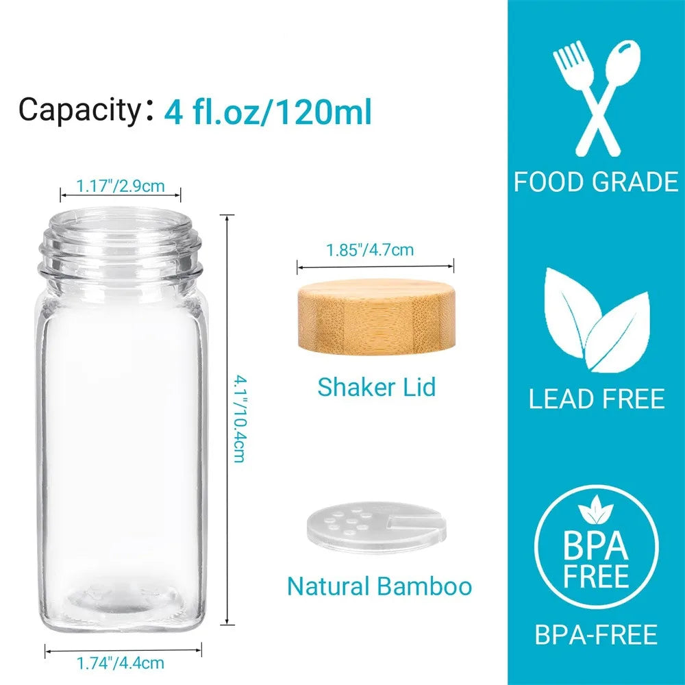 12-Piece Glass Spice Jar Set with Bamboo Lids – Includes Minimalist Labels, Stickers & Collapsible Funnel for Organized Kitchen Storage