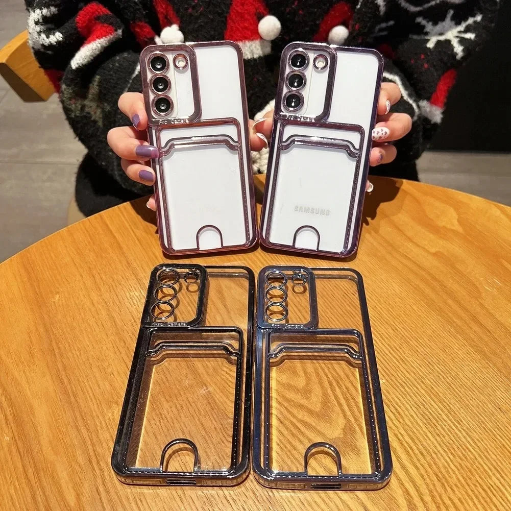 Transparent Card Holder Plating Case for Samsung Galaxy S24/S25/S23/S22/S21/S20 FE/Note 20 & A Series – Wallet TPU Cover with Lens Protection