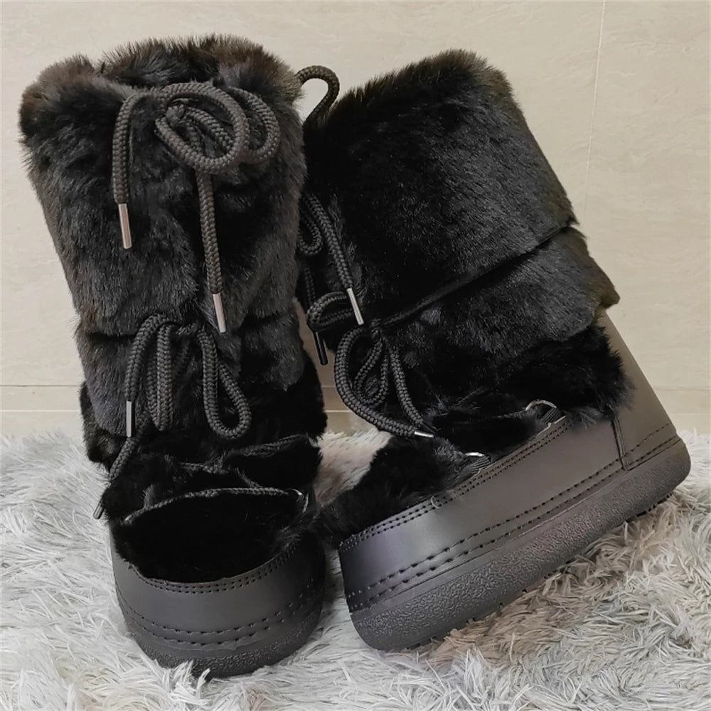 Women's Mid-Calf Snow Boots with Faux Rabbit Fur – Waterproof Winter Platform Ski Boots