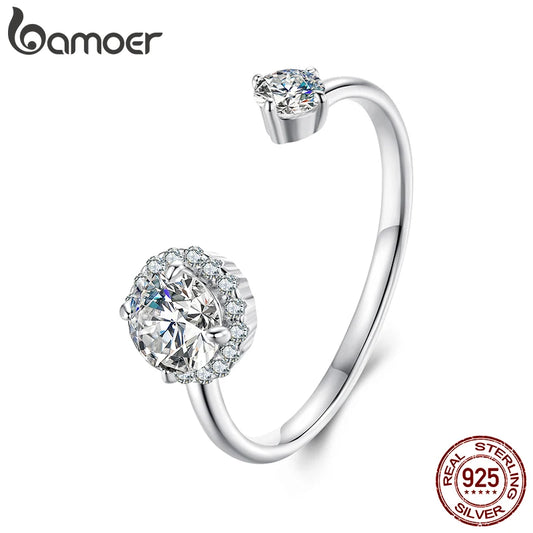 Adjustable Moissanite Open Ring – 925 Sterling Silver with White Gold Plating, 0.7CT D Color VVS1 Stones for Women