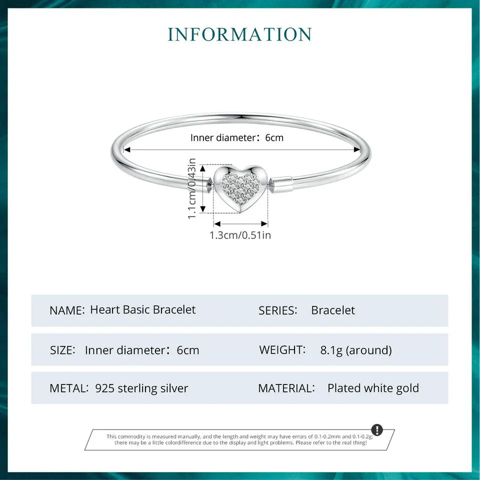 Sterling Silver Charm Bangle with Heart or Shell Design – Classic 925 Basic Bracelet for Women DIY Jewelry