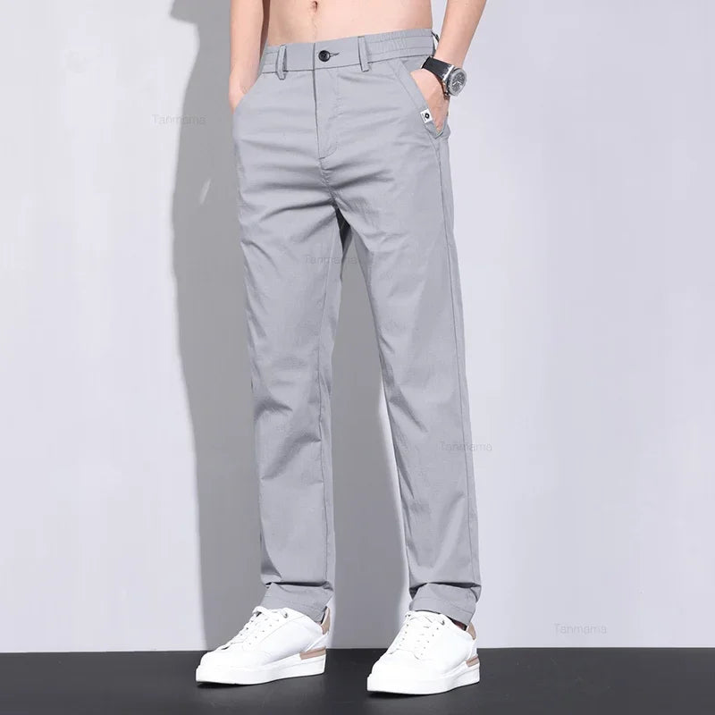 Ultra-Thin Ice Silk Men's Summer Business Pants – Slim Fit Stretch Straight Trousers with Pockets