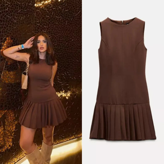 Brown Sleeveless 3D Cutout Mini Dress with Pleated Skirt and Round Neck