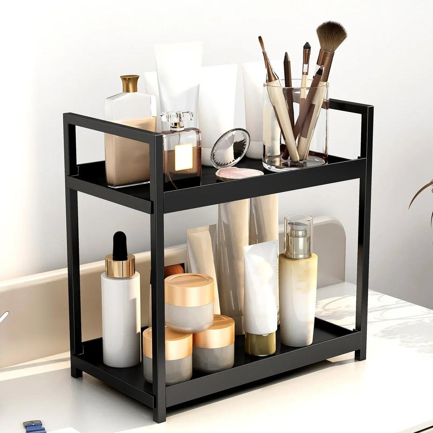 2-Tier Sliding Under Sink Organizer – Double-Layer Cabinet Basket Rack with Hooks and Hanging Cup for Kitchen or Bathroom