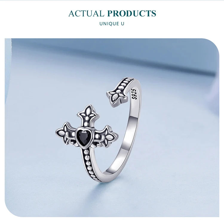 Sterling Silver Faith Cross Open Ring with Black Zircon – Vintage Statement Adjustable Ring for Women