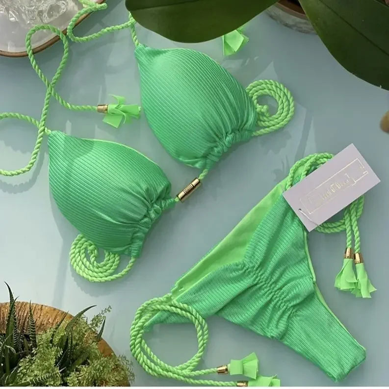 Women’s Solid Color Rope Bikini Set – Multicolor Two-Piece Swimsuit with Special Fabric, Wire-Free Beach Style Swimwear
