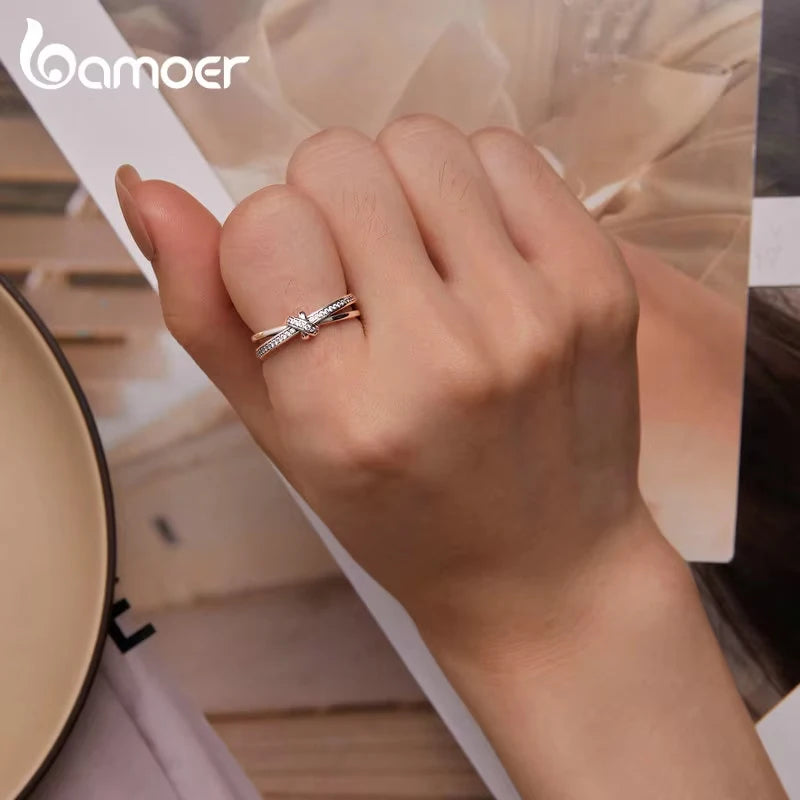 925 Sterling Silver Double Layer Knot Ring for Women – Stackable Cocktail Ring with Zircon Accents