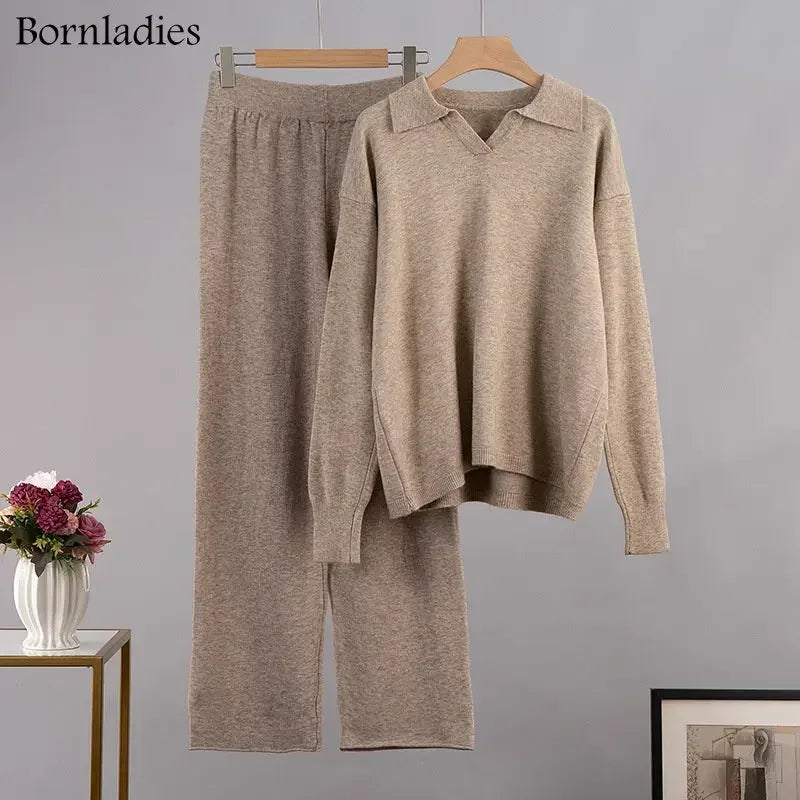 Women's Winter 2-Piece Knit Set – Polo Neck Sweater and Wide Leg Pants Lounge Outfit for Cold Weather