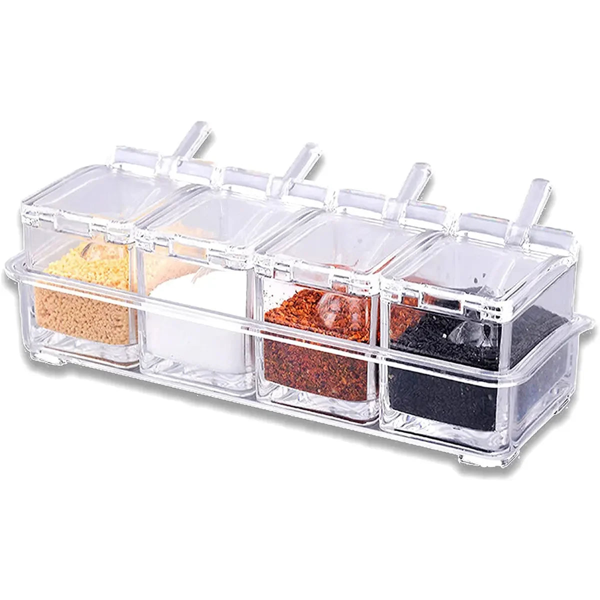 Clear Seasoning Box Set – 4 Crystal Spice Containers with Lids & Spoons, Compact Organizer for Kitchen or Camping