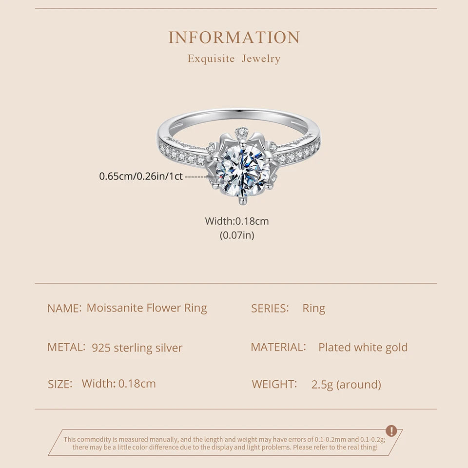 1 Carat Moissanite Flower Ring – D Color VVS1 Round Solitaire on 925 Sterling Silver Plant-Inspired Engagement Band for Women