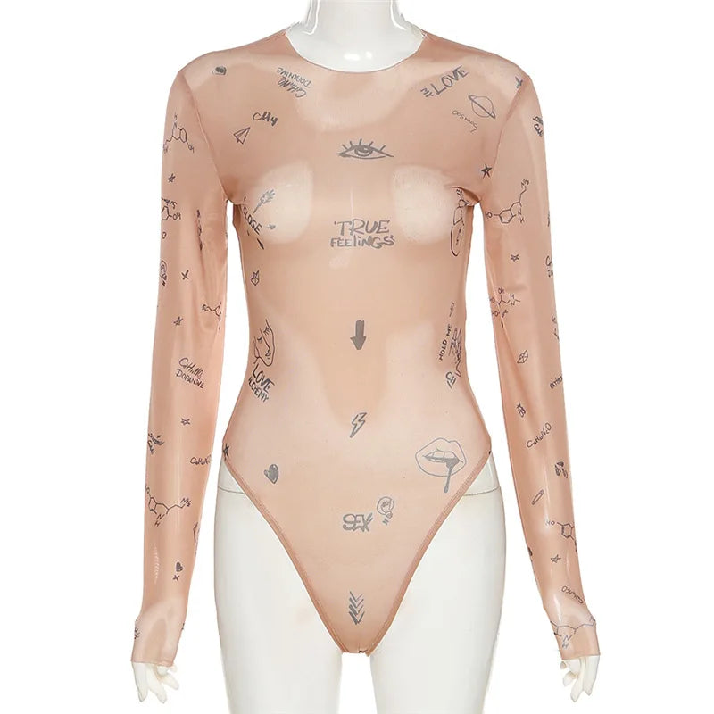 Women's Sexy Printed Long Sleeve Bodysuit – Tight-Fit O-Neck One-Piece Romper for Summer Party and Clubwear