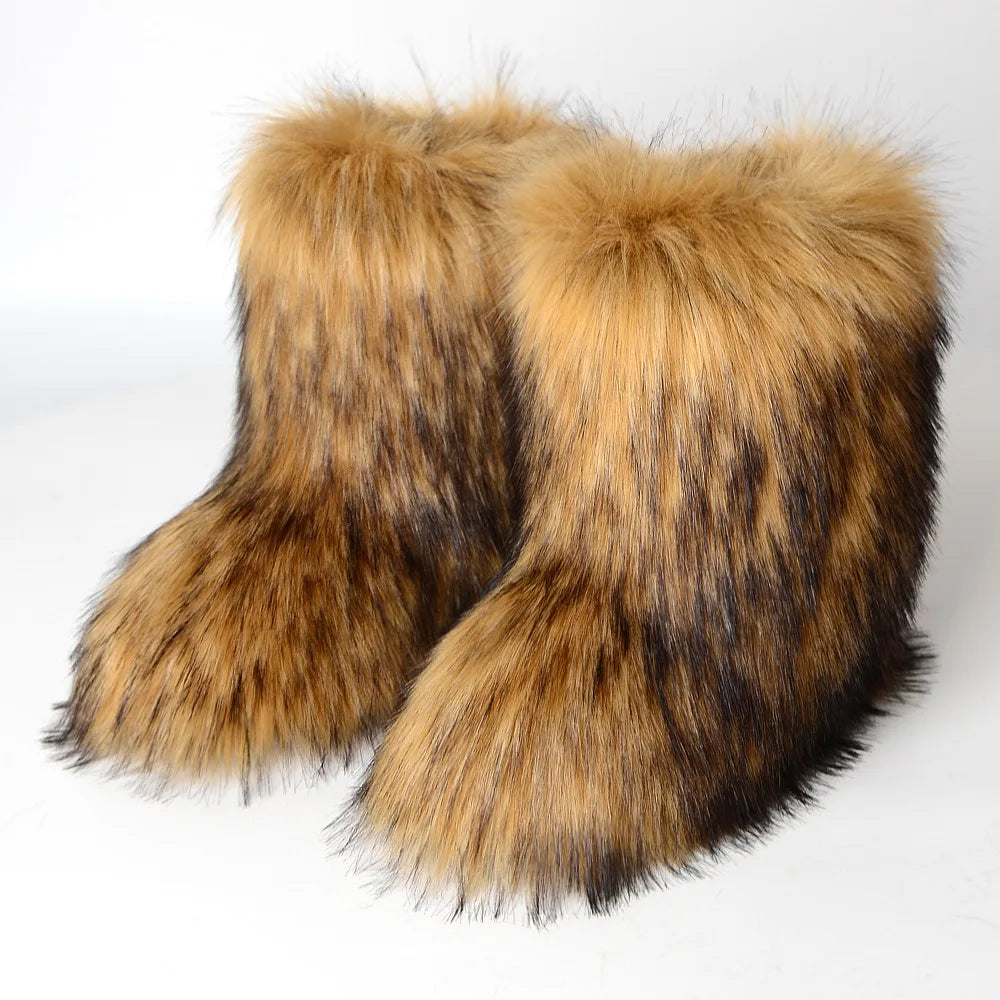Women's Faux Fur Winter Snow Boots – Fluffy Plush Mid-Calf Slip-On Boots with Flat Sole for Cold Weather Comfort