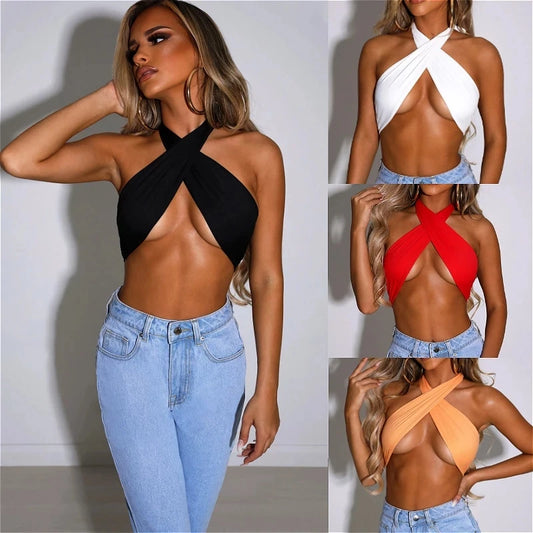 Women's Halter Cross Bandage Crop Top – Sleeveless Solid Color Sexy Tank Shirt for Summer Club and Streetwear Outfits