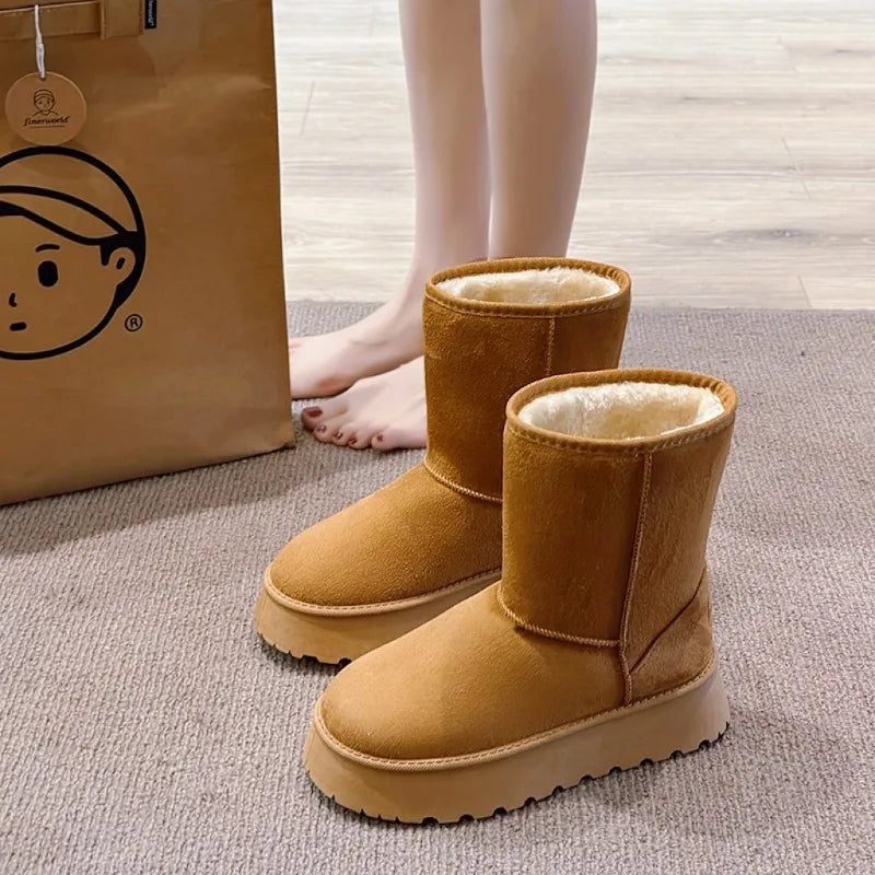 Winter Thick-Soled Mid-Calf Snow Boots with Fleece Lining – Slip-On Round Toe Cotton Shoes