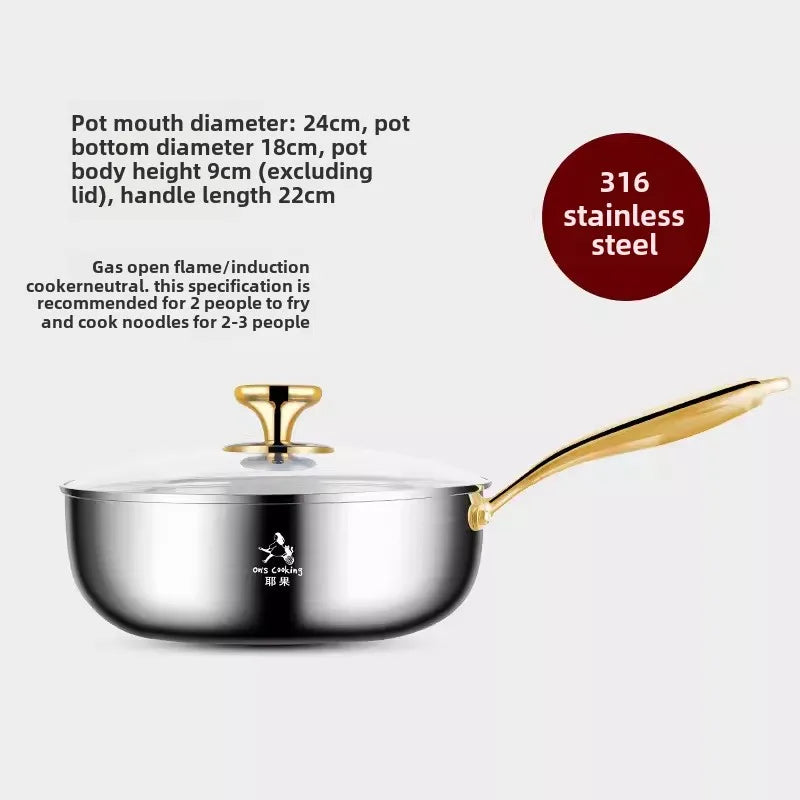 316 Stainless Steel Small Wok with Lid – Golden Handle Deepened Flat Bottom Soup Pot & Non-Stick Pan