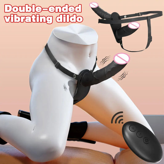 Wearable Double-Head Vibrating Strap-On with Remote Control – G-Spot Dildo for Couples and Lesbian Play