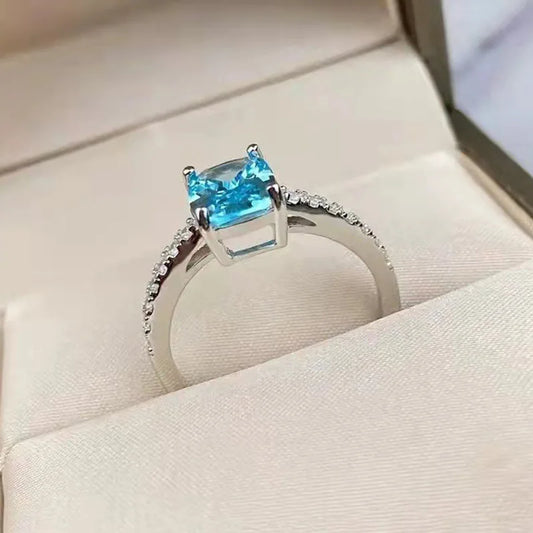 925 Sterling Silver Blue Square Zircon Cocktail Ring for Women – Trendy Geometric Statement Wedding Jewelry