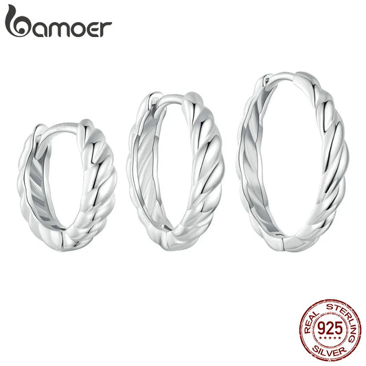 Sterling Silver Twisted Rope Huggie Hoop Earrings – White Gold Plated Lightweight Hypoallergenic Design