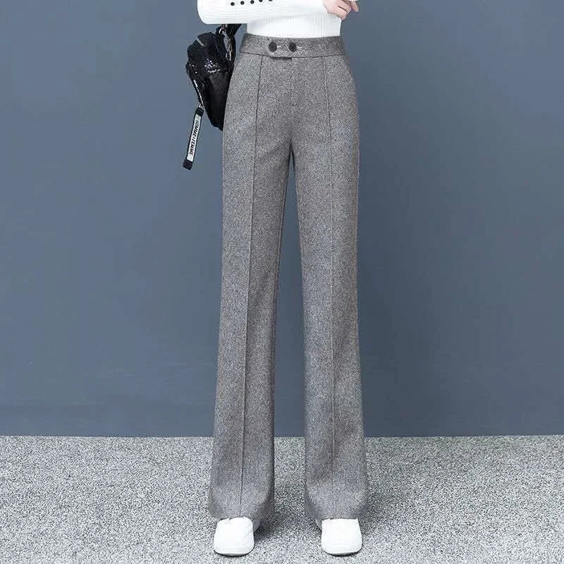 Thick Wool Blend High-Waist Wide Leg Pants for Women – Korean Style Winter Loose Fit Trousers