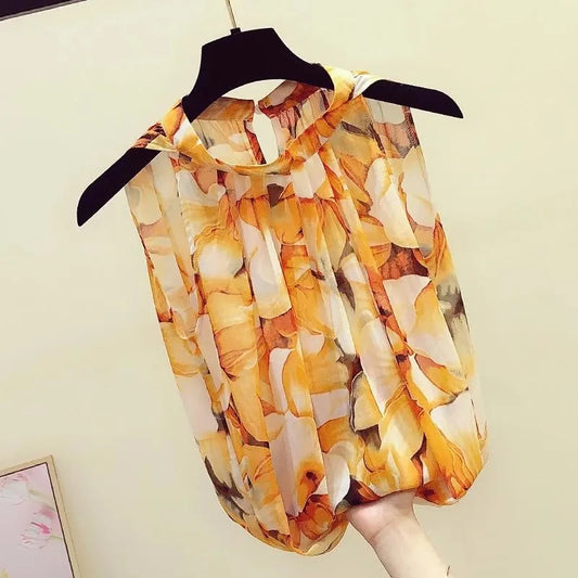 Women's Sleeveless Loose Fit Floral Chiffon Blouse – Orange Print O-Neck Pullover Top for Spring and Summer