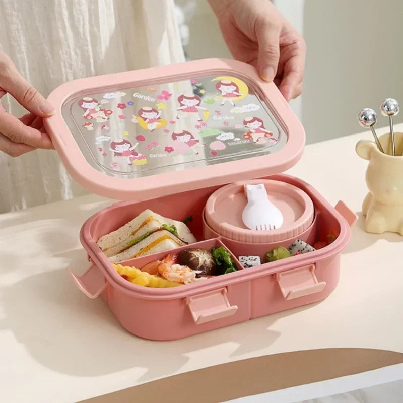 Cartoon Compartment Lunch Box for Kids – Leakproof Bento with Soup Bowl and Utensils, Microwave-Safe Meal Storage
