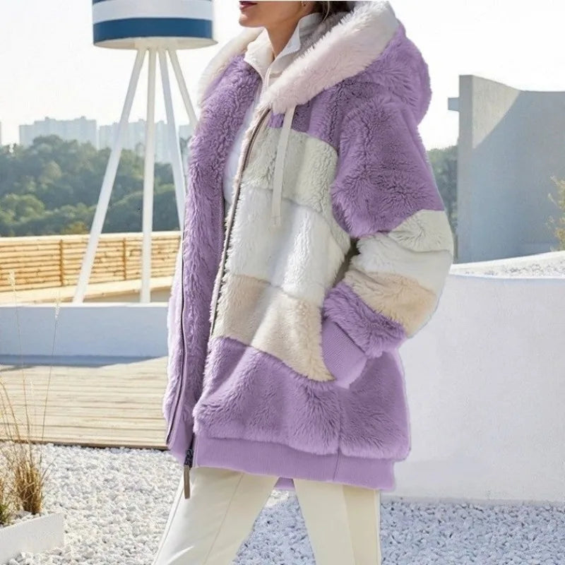 Women's Oversized Plush Hooded Jacket – Warm Loose Fit Zip-Up Streetwear Outerwear with Pockets