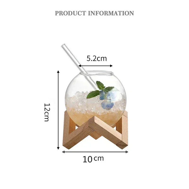 475ml Round Ball Cocktail Glass with Wooden Stand and Straw – Transparent Moon Ball Juice Cup for Holidays, Beach & Parties