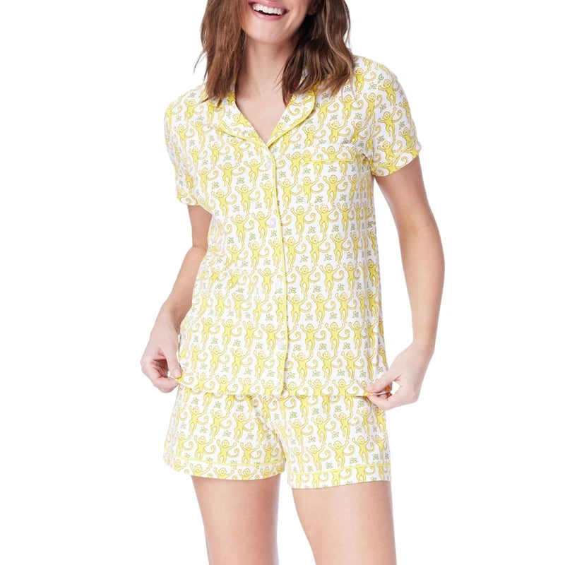 Women's Rainbow Monkey Print Pajama Set – Y2K Short Sleeve Button-Up Shirt and Shorts Lounge Sleepwear for Summer
