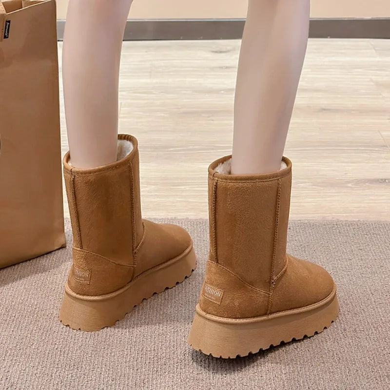 Winter Thick-Soled Mid-Calf Snow Boots with Fleece Lining – Slip-On Round Toe Cotton Shoes