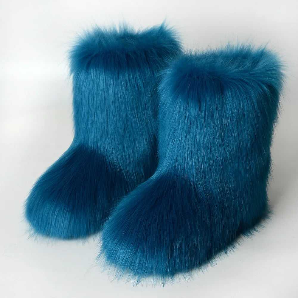 Women's Faux Fur Winter Snow Boots – Fluffy Plush Mid-Calf Slip-On Boots with Flat Sole for Cold Weather Comfort