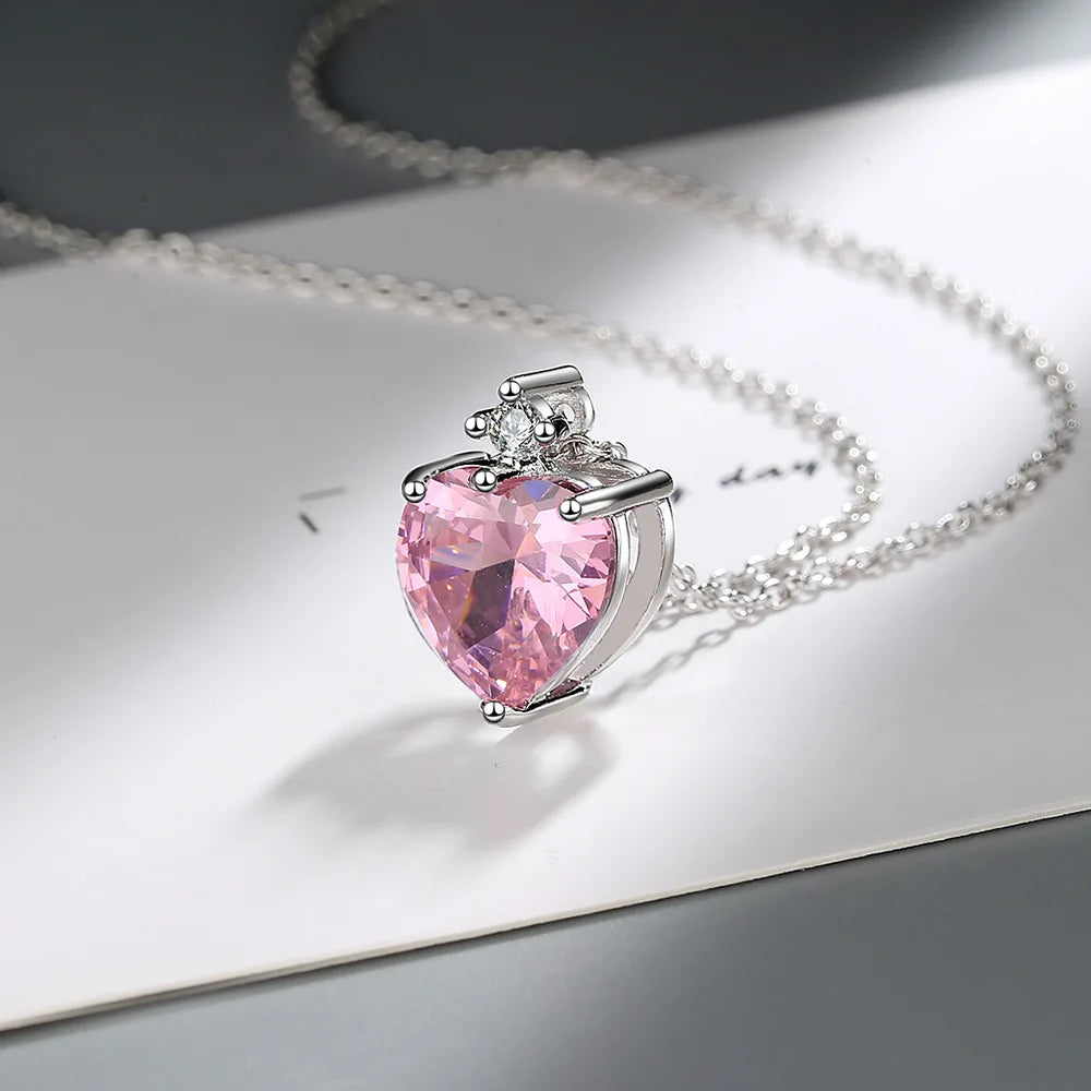 925 Sterling Silver Pink Heart Zircon Necklace – Romantic Chain Necklace for Women