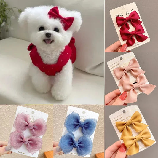 2Pcs Satin/Mesh Bow Hairpins for Dogs – Cute Fabric Hair Clips for Teddy, Poodle, and Small Pet Grooming Accessories