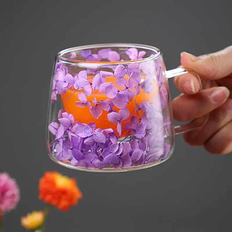 200ml Double-Wall Glass Coffee Cup with Handle – Transparent Floral Design, Heat-Resistant Insulated Juice Mug