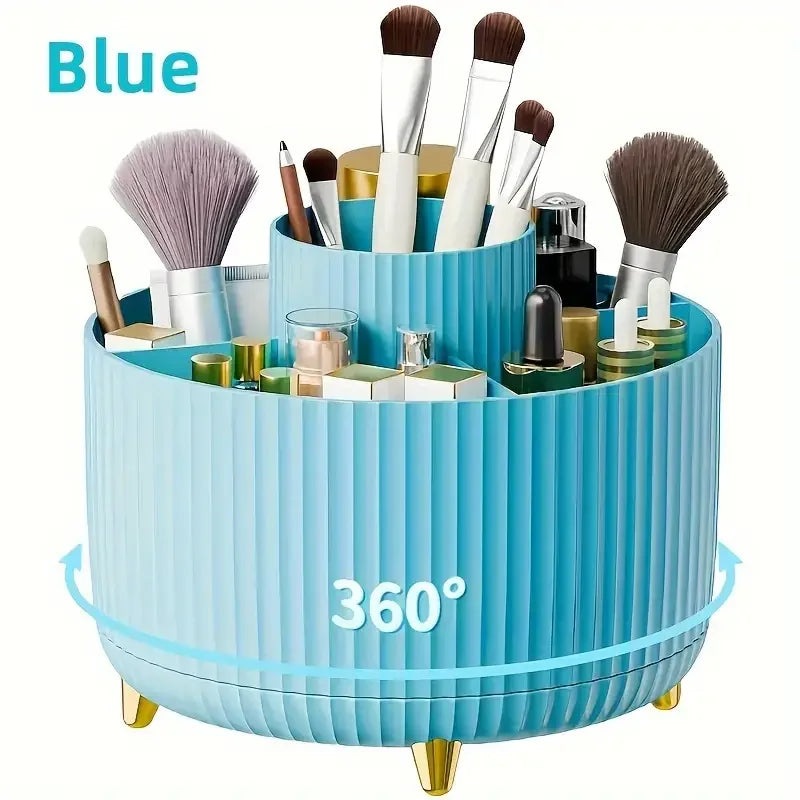 360° Rotating Makeup Organizer Box – Multi-Compartment Brush & Lipstick Holder with Vertical Stripe Design
