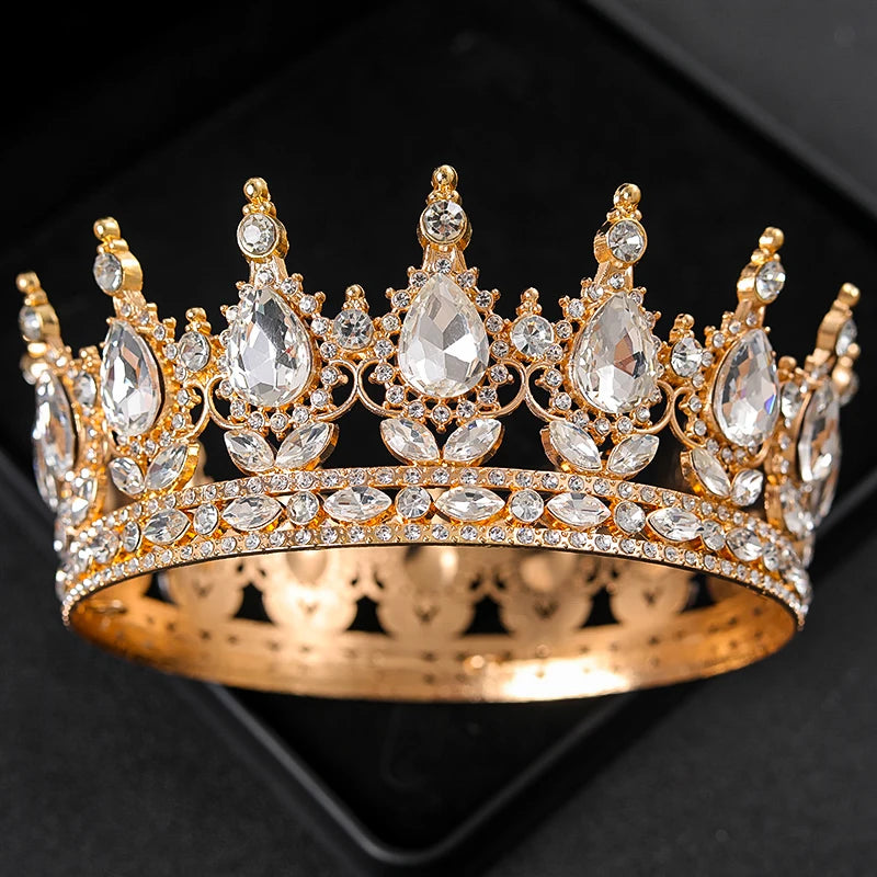 Baroque Round Rhinestone Wedding Crown – Vintage Crystal Tiara Headpiece for Bridal, Queen, or Pageant Looks