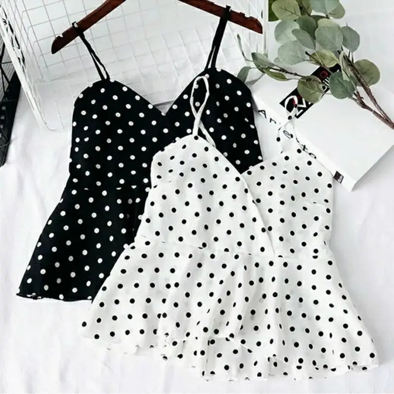 Women's Red Polka Dot Sleeveless Chiffon Blouse – V-Neck Short Pullover Top for Spring/Summer