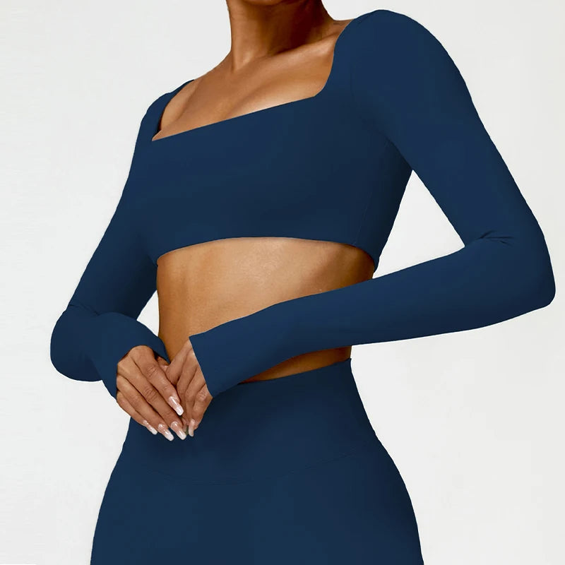 Square Neck Long Sleeve Sports Crop Top – Quick-Dry Yoga & Training Shirt for Women