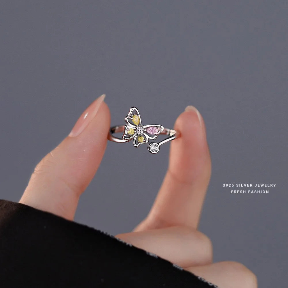 Vintage 925 Sterling Silver Adjustable Butterfly Ring with Zircon – Elegant Open Insect-Inspired Cocktail Ring for Women