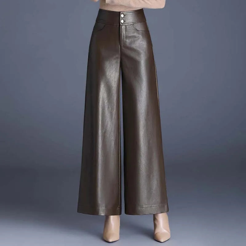 Women’s High Waist Wide Leg Faux Leather Pants – Elegant PU Leather Trousers for Autumn & Winter Casual Fashion