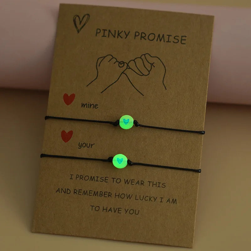 2Pcs Luminous Pinky Promise Bracelets – Matching Heart Bead Couple Friendship Set
