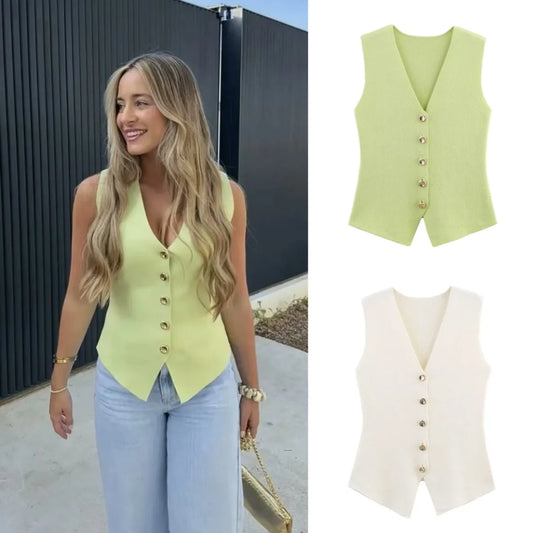 Women's Elegant V-Neck Sleeveless Knit Waistcoat – Button-Up Vest Jacket for Spring & Summer