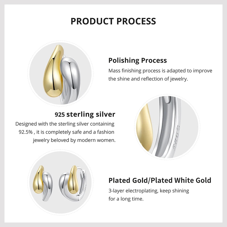 Two-Tone Waterdrop Hoop Earrings – 14K Gold & 925 Sterling Silver Chunky Twisted Link Style for Women