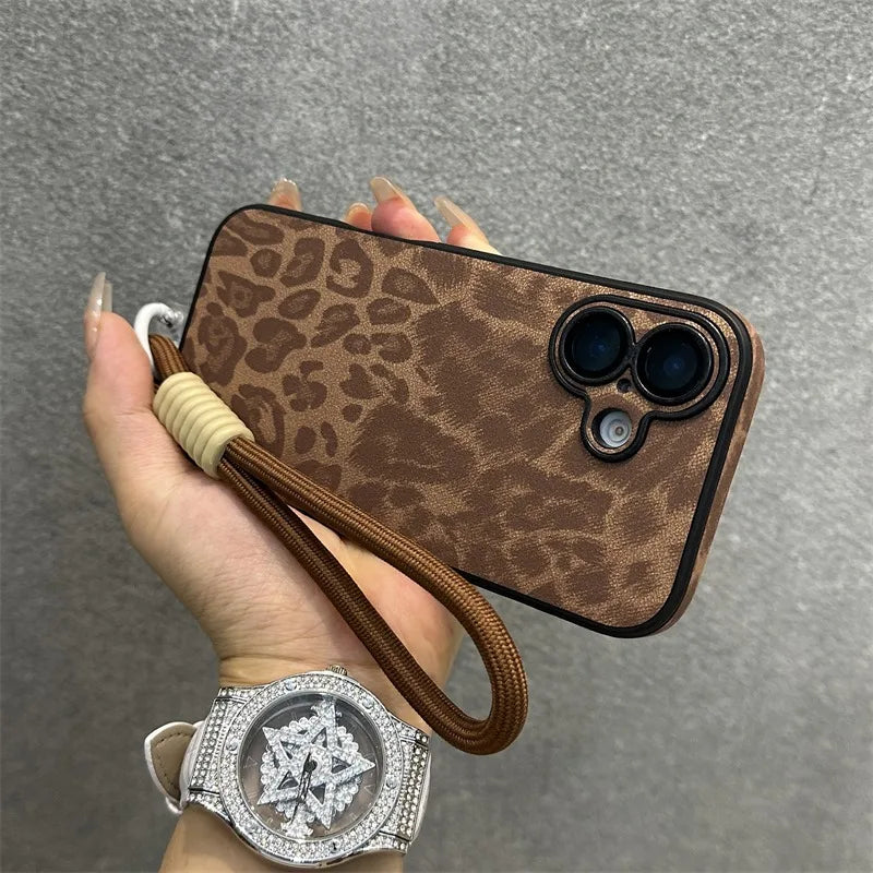 Cartoon Leopard Print Leather Case for iPhone 11/12/13/14/15/16 Series – Matte Cover with Wrist Strap, Lanyard, and Camera Lens Protection