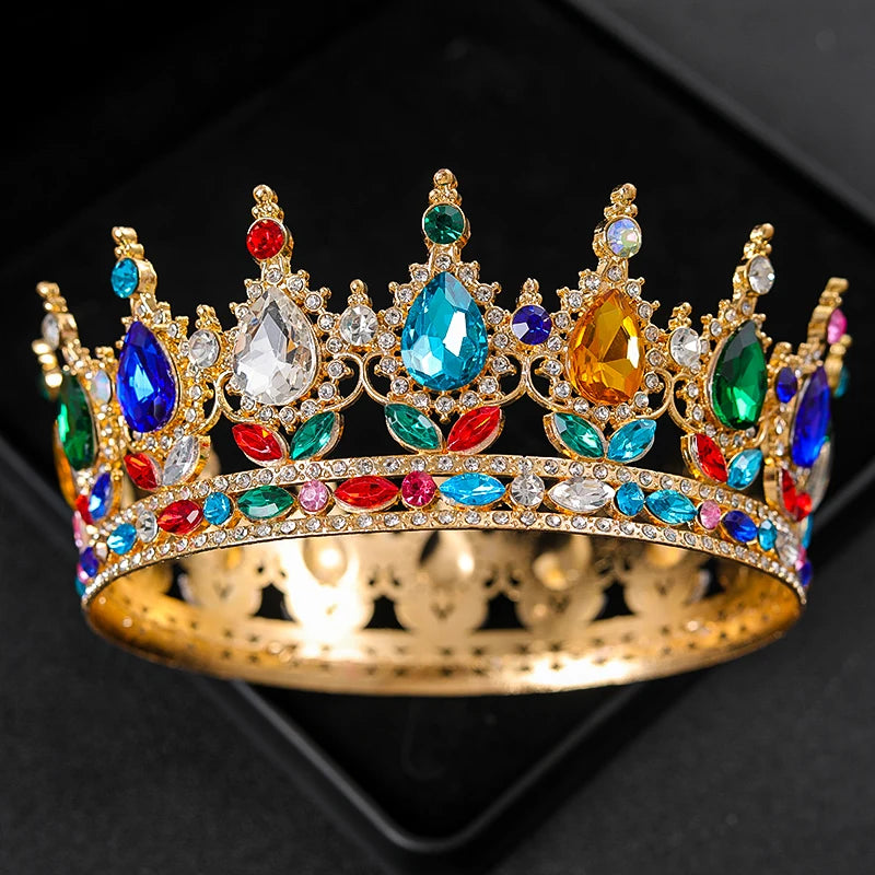 Baroque Round Rhinestone Wedding Crown – Vintage Crystal Tiara Headpiece for Bridal, Queen, or Pageant Looks