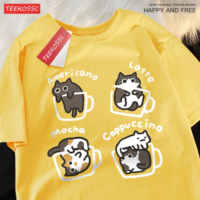 Cat Coffee Cotton T-Shirt – Fun Mocha Latte Print, Loose Fit Summer Tee for Men and Women